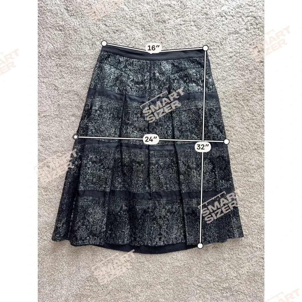 Rebecca Taylor Metallic Lace Silk Stripe‎ Midi Skirt Black Silver 12 Party Glam